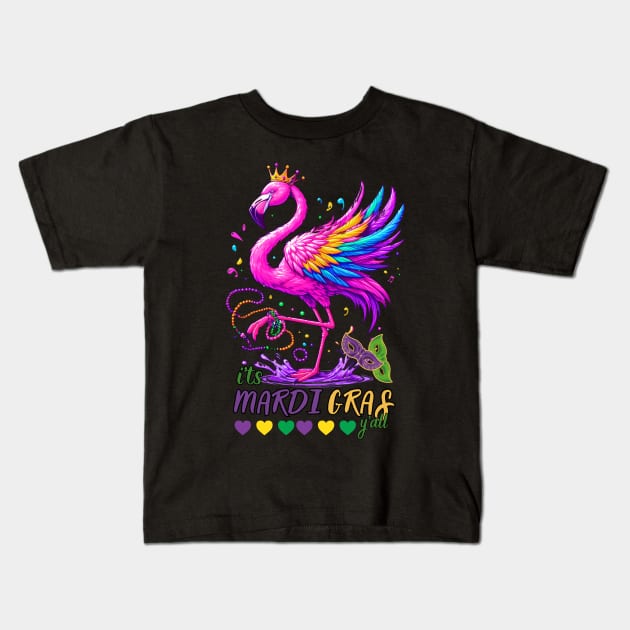 Funny Retro Flamingo Mardi Gras It's Mardi Gras Yall Kids T-Shirt by Figurely creative